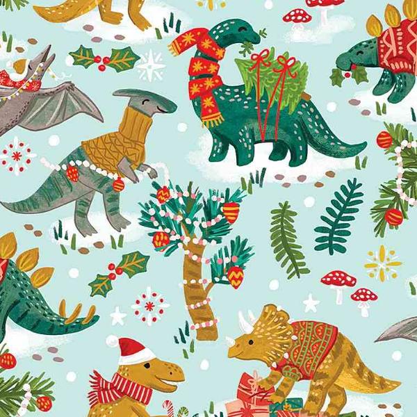 Cozy Holidays Holiday Dinos Aqua by Olivia Gibbs for Timeless Treasures