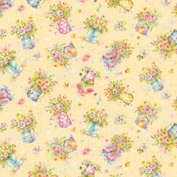 Boots & Blooms Floral Toss Yellow By Sillier Than Sally Designs For P & B Textiles