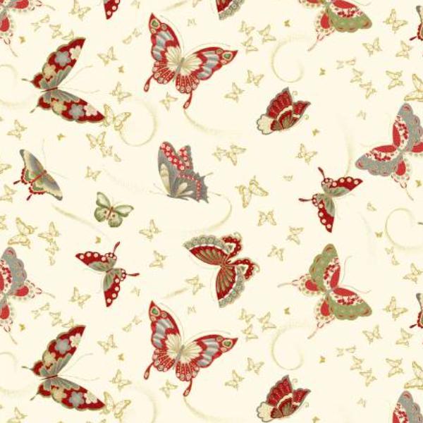 Kyoto Garden Asian Butterflies Metallic Cream By Chong-A Hwang For Timeless Treasures