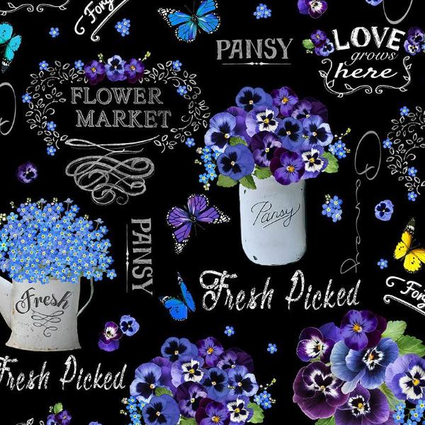 Pansy Paradise Vase Words Black By Timeless Treasures