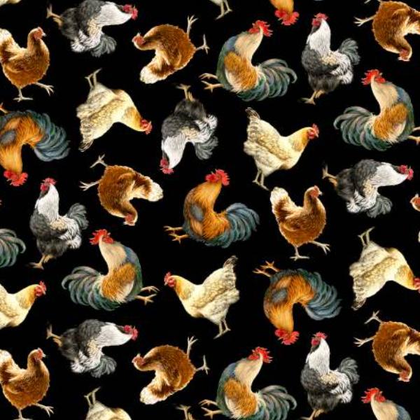 Chickens and Roosters Black by Dona Geisinger for Timeless Treasures