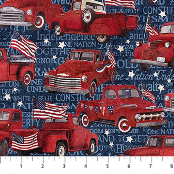 Stonehenge Stars & Stripes 11 Trucks On Navy From Northcott