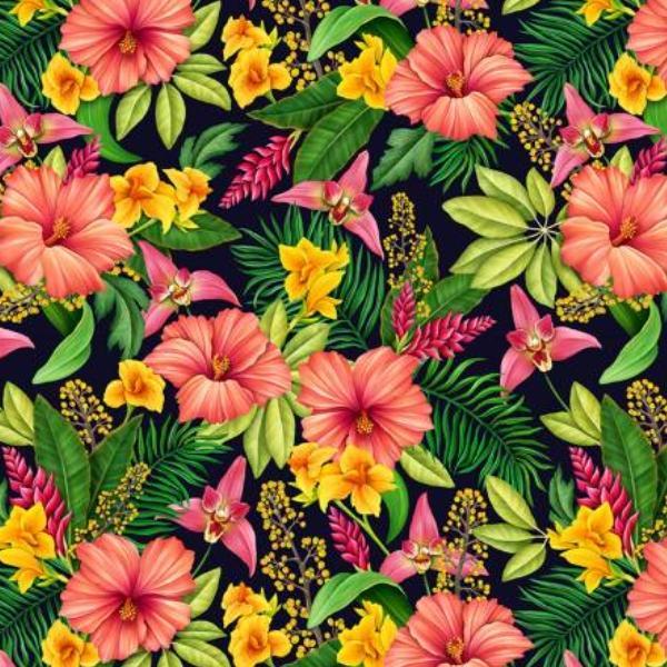 Tropical Florals Black By Timeless Treasures