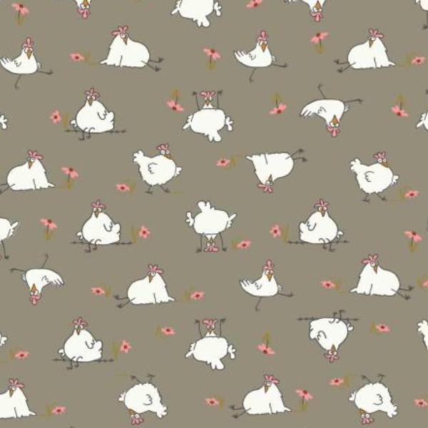 Cluck Cluck Bloom Chickens Taupe by Teresa Magnuson for Clothworks