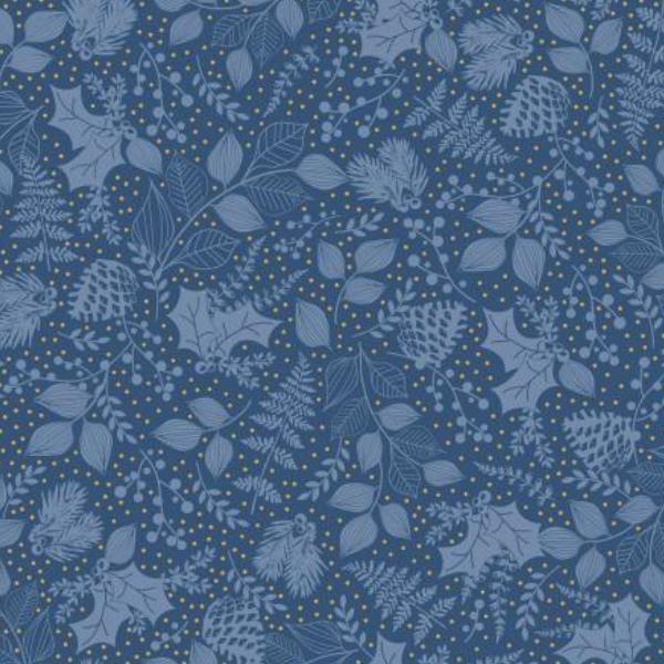 Christmas Shimmer Leafy Blender Blue W Gold Metallic By Jennifer Ellory For P & B Textiles