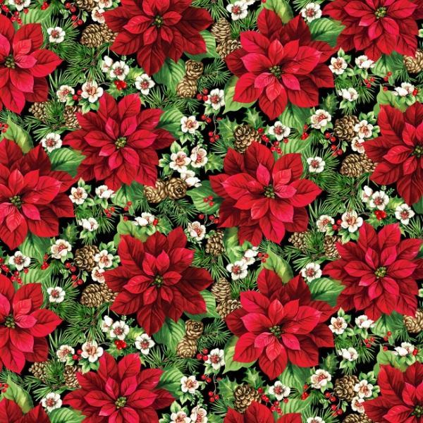 Cardinal Xmas Poinsettas Black Multi By Cardinal Christmas For Northcott