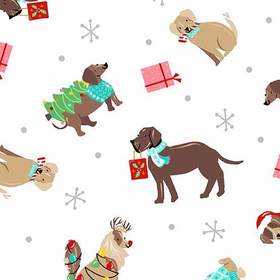 Furry and Bright Holiday Dogs White by Andover Fabrics