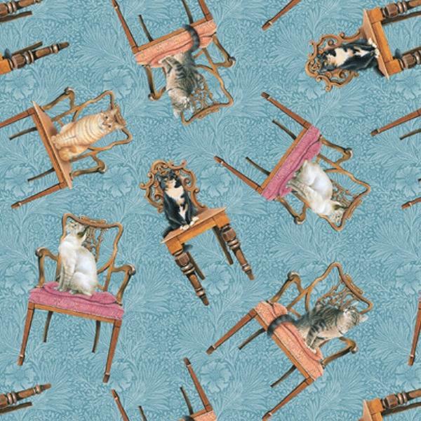 Sophisticats Cats On Chairs Light Blue By Leslie Anne Ivory For Blank Quilting