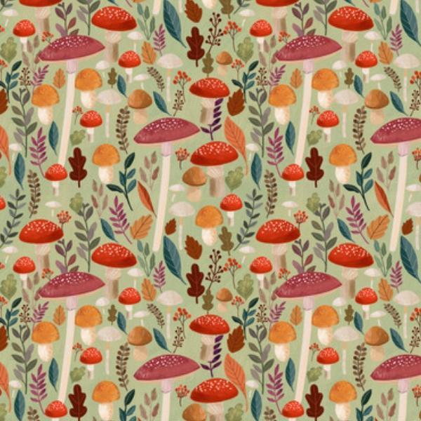 Autumn Friends Mushrooms in Sage by Mia Charro for Free Spirit Fabrics