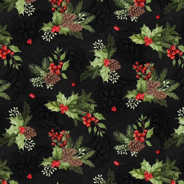 Tartan Holiday Black Foliage Toss By Danielle Leone For Wilmington Prints