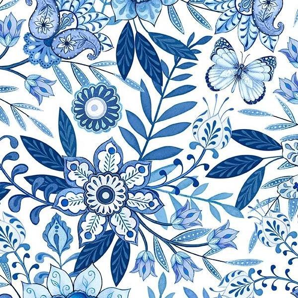 Blooming Blue Large Floral All Over White By Danielle Leone For Wilmington Prints