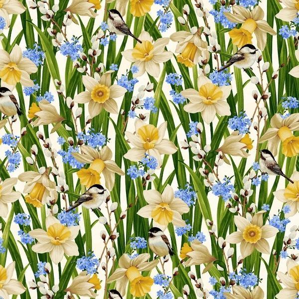 Nature'S Affair Cream Daffodils Allover By Jan Mott For Henry Glass Fabrics