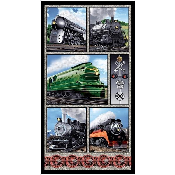 On The Right Track Light Blue Train Panel By Larry Grossman For Blank Quilting 