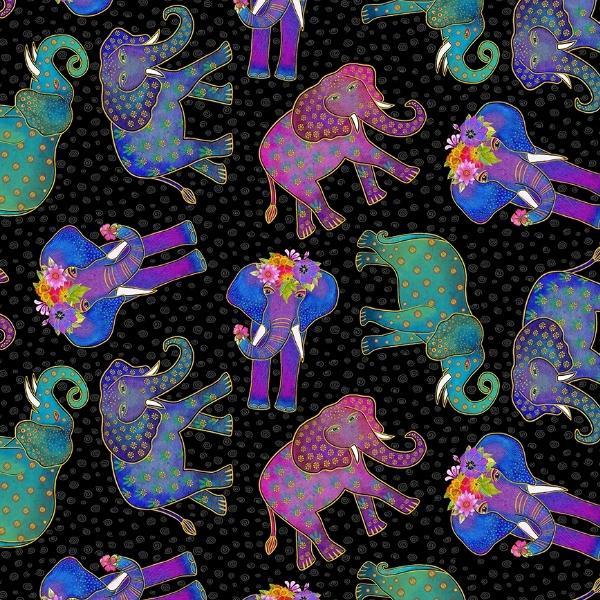 Earth Song Black Metallic Elephants by Laurel Burch for Clothworks 