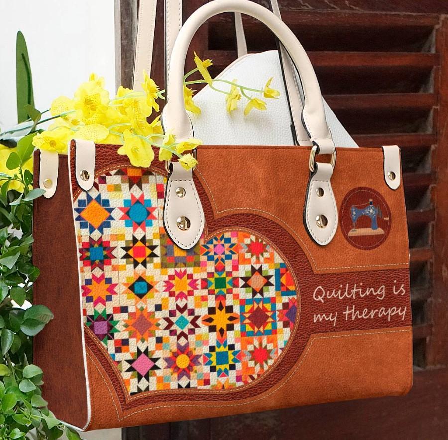 Quilting is My Therapy Heart Leather Bag with Creamy White Handle