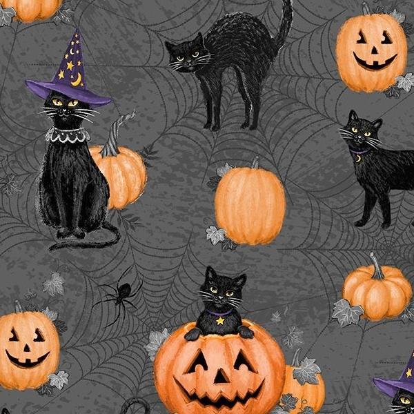 Meow-Gical Night Cats & Pumpkins All Over Black By Michael Davis For Wilmington Prints