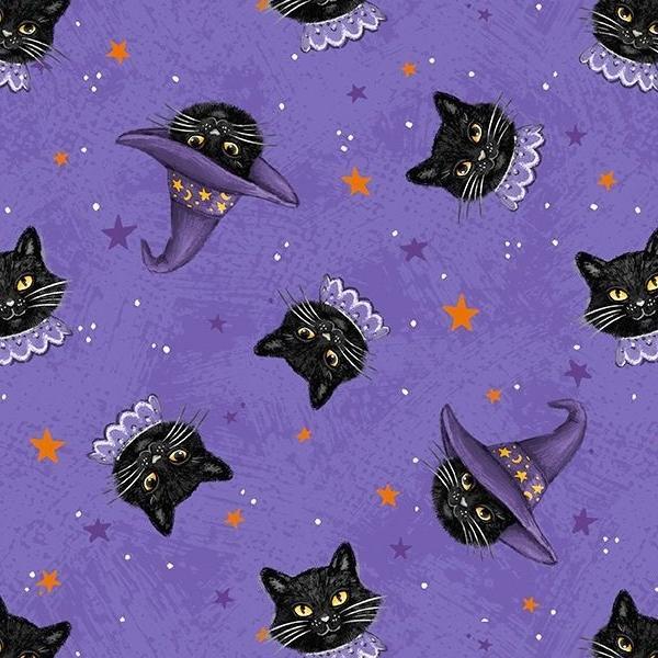 Meow-Gical Night Cat Head Toss Purple By Michael Davis For Wilmington Prints