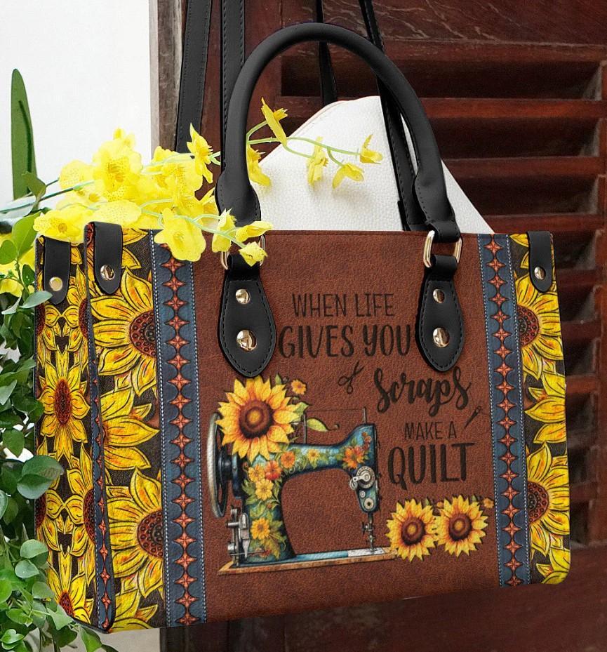 Sunflower Make A Quilt Leather Bag With Black Handles