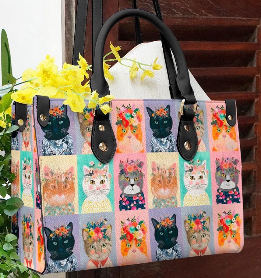 Floral Cat Leather Bag With Black Handles