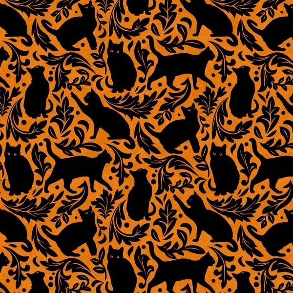 Hallow'S Eve Black Cat Damask Orange By Cerrito Creek Studio For Northcott Fabrics