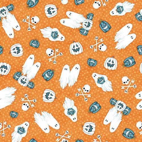 Welcome Foolish Mortals Tossed Ghosts & Pumpkins By Shelly Comiskey For Henry Glass Fabrics