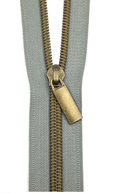 Grey Nylon Coil Zipper With Antique Brass Pulls, Size 5, From Sallie Tomato