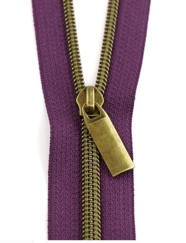 Purple Nylon Coil Zipper with Antique Brass Pulls, Size 5, from Sallie Tomato