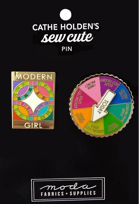 Spin Game & Modern Girl Enamel Pin By Cathe Holden For Moda Fabrics 