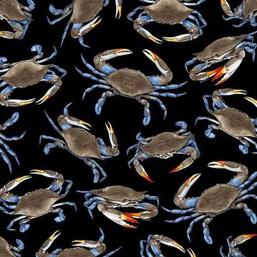 [TTR-C7419-B] Coastal Living Blue Crabs Black by George McCartney for Timeless Treasures