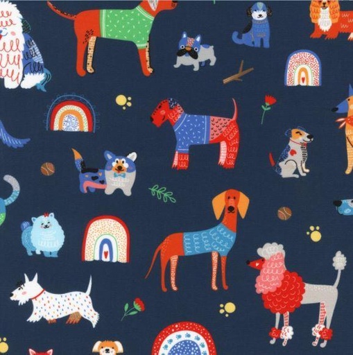 [kaf-20413-9] Whiskers And Tails Dogs On A Navy Background From Robert Kaufman