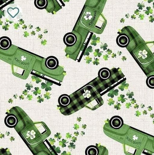 [TTR-C1029-Cream] St. Patricks Good Luck Trucks By Timeless Treasures