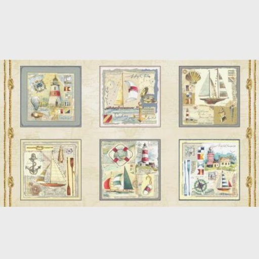 [MM-DCX9853-BEIG] World Traveler Nautical Panel Beige By Michael Miller