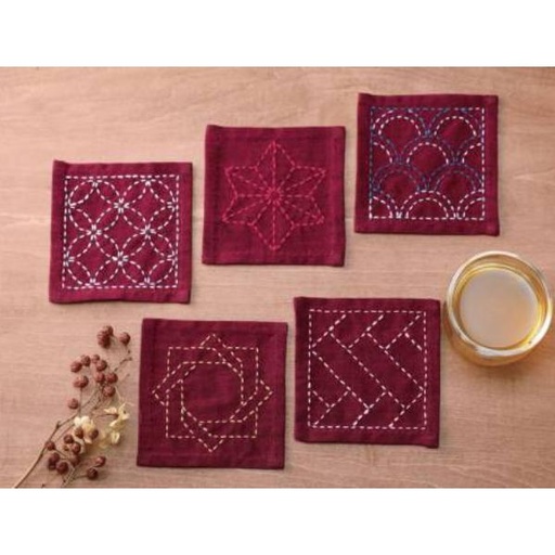 [SC-TC3] Sashiko Tsumugi Sampler Coasters Deep Red From Emmacreation