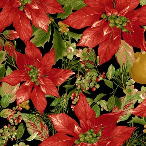 [MB-210217-BLK] Holiday Foliage Large Poinsettias Black By Laura Berringer For Marcus Brothers