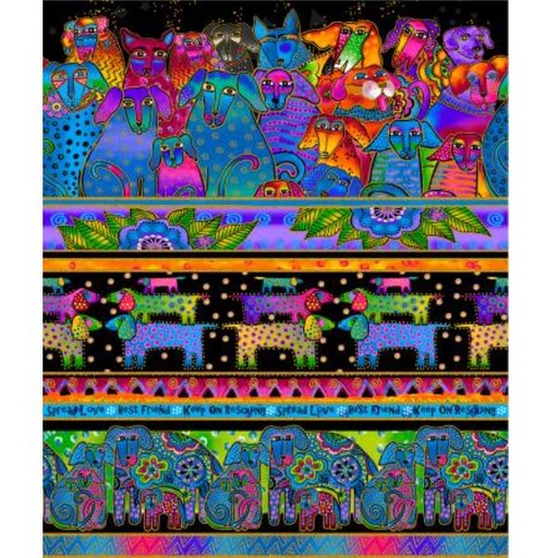 [COW-3705-55] Kindred Canines Pictorial Stripe Metallic Multi By Laurel Burch For Clothworks