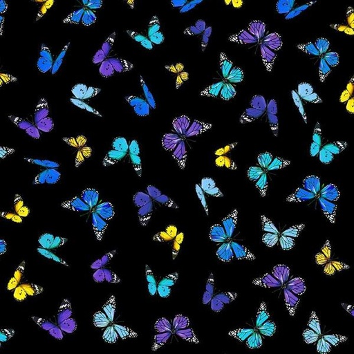 [TTR-1895-BLK] Pansy Paradise Butterflies (Mariposas) Black  By Timeless Treasures