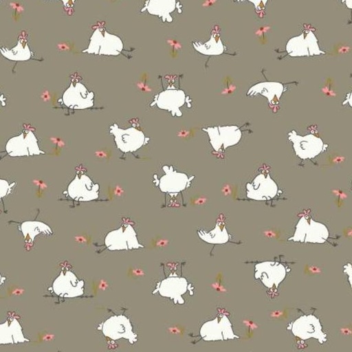 [COW-3792-62] Cluck Cluck Bloom Chickens Taupe by Teresa Magnuson for Clothworks