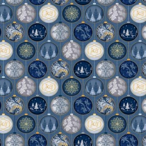 [PB-5072-B] Christmas Shimmer Ornaments Blue W Gold Metallic By Jennifer Ellory For P & B Textiles