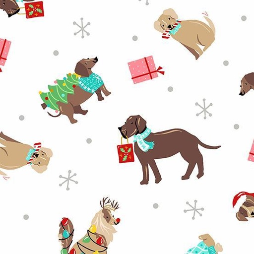 [AND-585-L] Furry and Bright Holiday Dogs White by Andover Fabrics