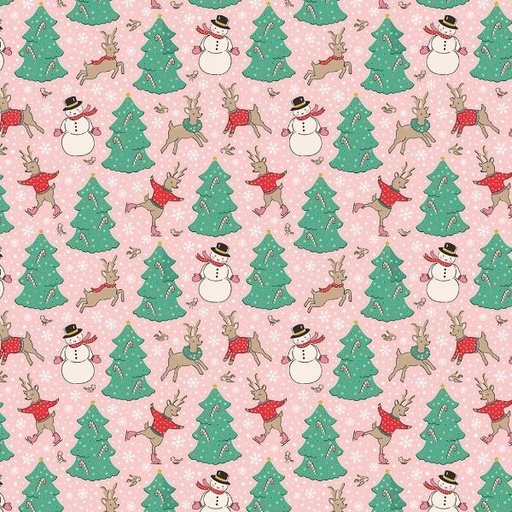 [PC-OF23311] Oh What Fun Christmas Skating Deer Pink By Elea Lutz For Poppie Cotton