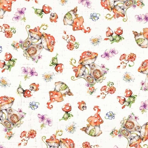 [PB-5157-E] Fairy Garden White Mushroom Toss By Siller Than Sally Designs For P&B Textiles