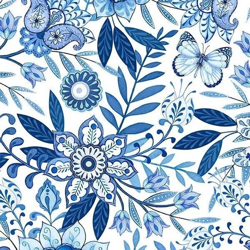 [WP-27689-141] Blooming Blue Large Floral All Over White By Danielle Leone For Wilmington Prints