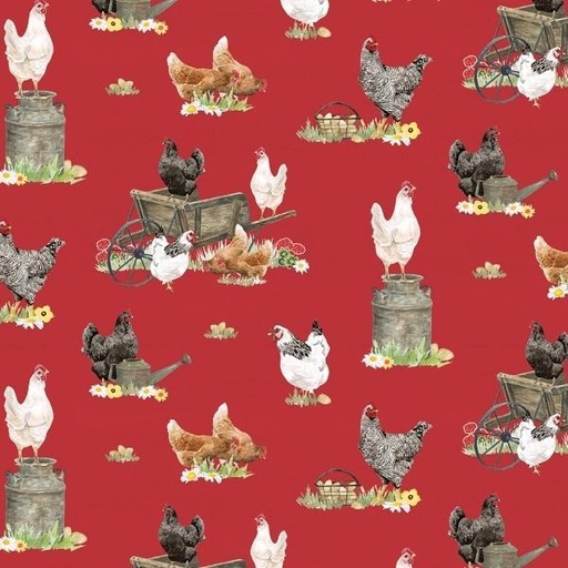 [RB-14331-RED] Spring Barn Quilts Red Chickens By Tara Reed For Riley Blake Designs 