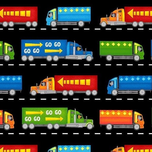 [HG-1134-99] Go-Go Trucks on Road by Kate Mawdsley for Henry Glass Fabrics 