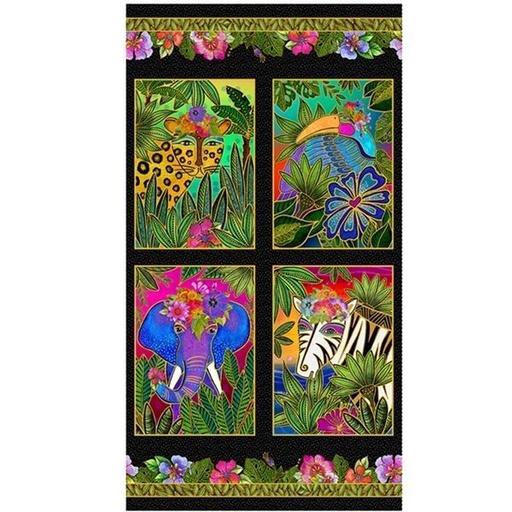 [COW-Y4016-3M] Earth Song Black Metallic Animal Panel By Laurel Burch For Clothworks 