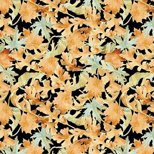 [HG-1316-93] Pumpkin Kisses Packed Leaves Black By Grace Violet For Henry Glass Fabrics 