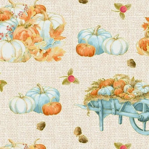 [HG-1320-76] Pumpkin Kisses Pumpkins & Wheel Barrows By Grace Violt For Henry Glass Fabric 