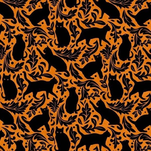 [NOR-27088-54] Hallow'S Eve Black Cat Damask Orange By Cerrito Creek Studio For Northcott Fabrics