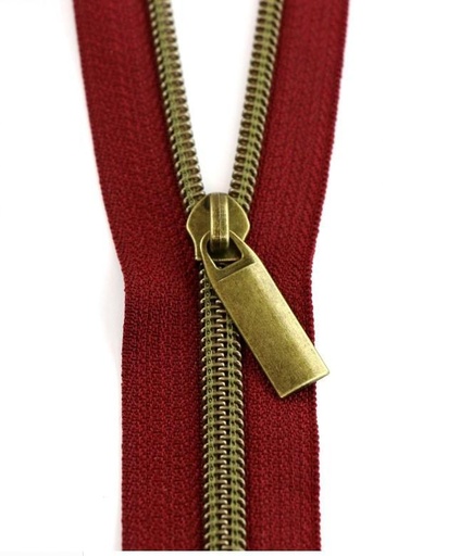 [STO-ZBY5-C44] Burgundy Nylon Coil Zipper With Antique Brass Pulls, Size 5, From Sallie Tomato