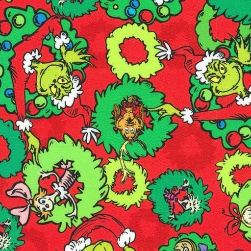 [KAF-22566-223] How The Grinch Stole Christmas Wreaths Red By Dr. Seuss Enterprises For Robert Kaufman Fabrics